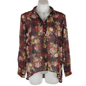 Valleygirl Womens Blouse Size 10 Floral Red Blue Black Check Long Sleeve Sheer